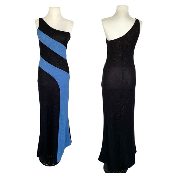 Vintage Water Signs Blue Black One Shoulder Sparkly Formal Maxi Dress Gown M - Picture 16 of 16
